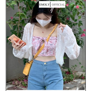 Áo khoác ren, Áo khoác cardigan mỏng dáng ngắn tay dài phối ren đi biển mùa hè cho nữ