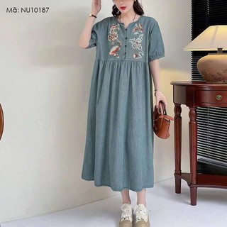 Đầm liền denim ngắn tay KAMAKA cổ tròn xẻ V thêu hoa văn retro - NU10187