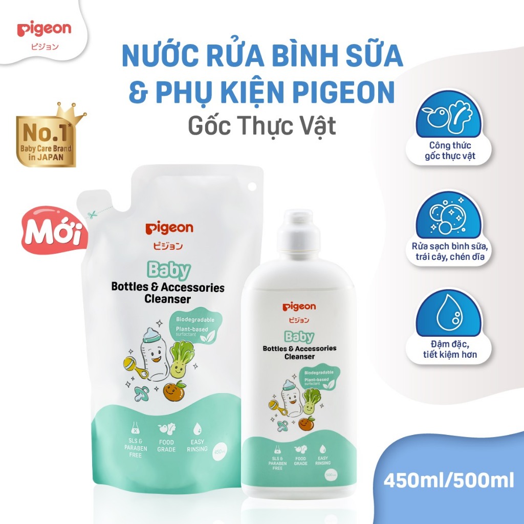Nước rửa bình sữa và phụ kiện Pigeon gốc thực vật chai 500ml / Túi 450ml