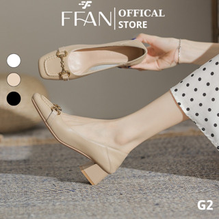 Giày nữ đế vuông mũi vuông [da thật] mềm mại G2 FFAN STORE, cao gót bít mũi 5 phân đính đá big size màu đen be trắng