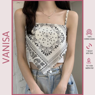 Áo yếm croptop nữ in thổ cẩm hai dây trễ vai ôm kiểu trắng đen xinh VANISA CT058