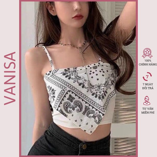 Áo yếm croptop nữ hai dây in thổ cẩm trễ vai ôm kiểu trắng đen xinh VANISA CT058