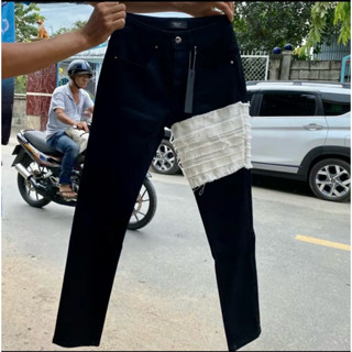 Quần Jean Đen Khuyết Tật Thêu Viền Trắng Chất Liệu Co Giãn Bốn Cúc Thời Trang Nam