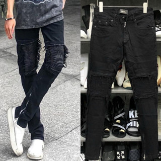  Quần Jean Nam Slimfit Amiri đen gối rách xước vá vải nhăn phối khoá zip ống chân 