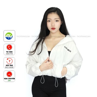 Áo Khoác Gió Nữ Đẹp THOITRANG24H Màu Trắng Croptop Vải Dù Dày Đẹp Khóa Kéo Dây Rút Dễ Phối Đồ