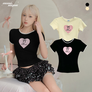 Áo thun nữ dáng ôm thun cotton nhung phối ren thêu trái tim MONÁ - HEARTY