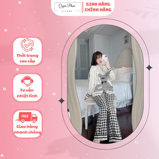 Bộ pijama dài tay quyên pham pijama - pijama lụa xước ánh kim họa tiết gấu đen freesize cân nặng 40 - 60kg