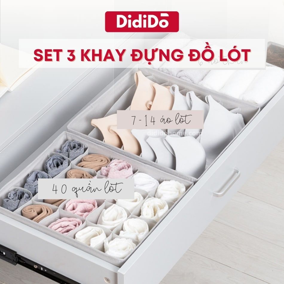Set 3 hộp đựng đồ lót chia ngăn tủ gấp gọn tiện lợi