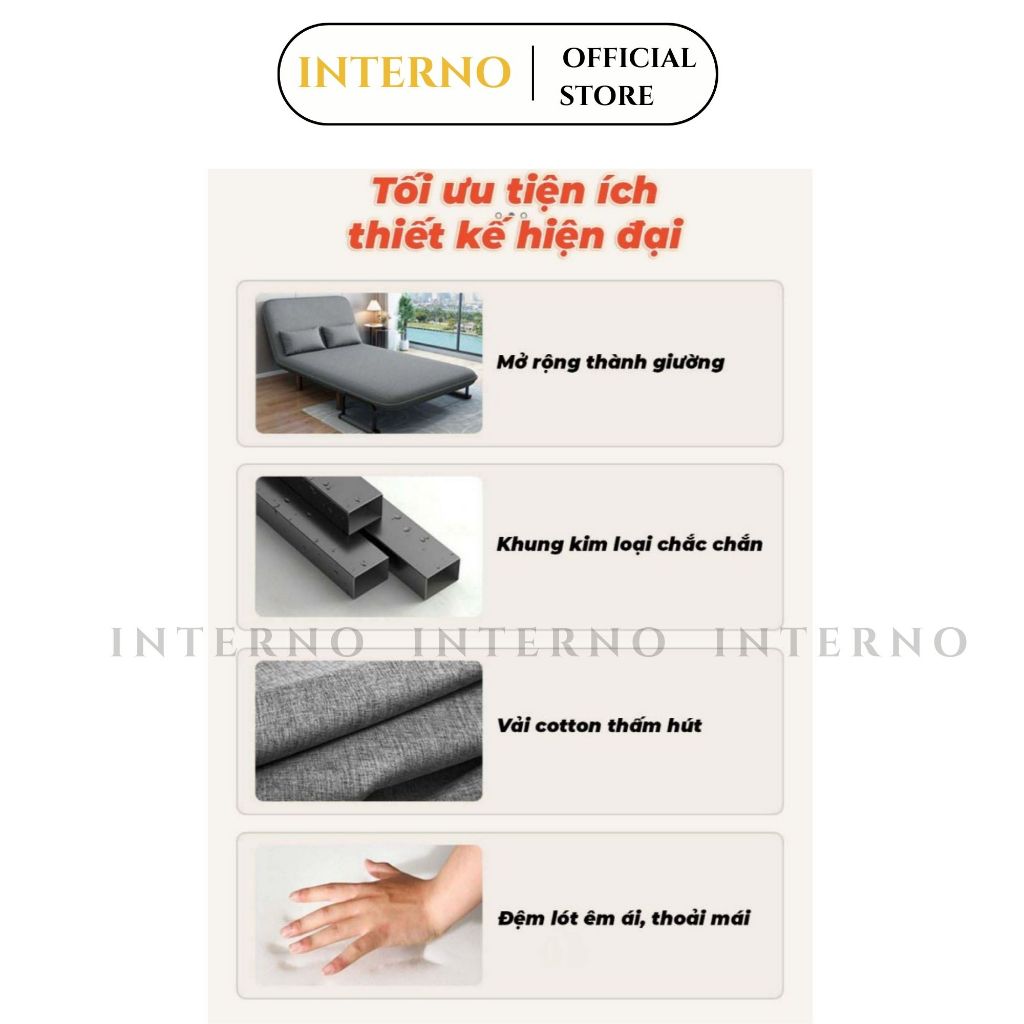 Sofa Giường INTERNO Giường Gấp Gọn Thành Ghế Sofa Gập Ngả 180 Độ Chất Liệu Khung Sắt Bọc Nệm Cứng 3 Màu Nâu, Xám, Xanh | BigBuy360 - bigbuy360.vn