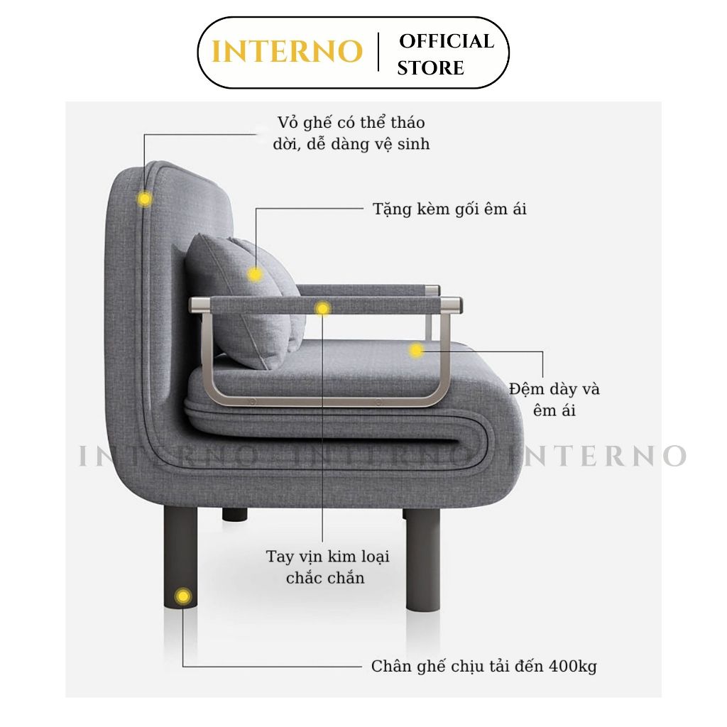 Sofa Giường INTERNO Giường Gấp Gọn Thành Ghế Sofa Gập Ngả 180 Độ Chất Liệu Khung Sắt Bọc Nệm Cứng 3 Màu Nâu, Xám, Xanh | BigBuy360 - bigbuy360.vn