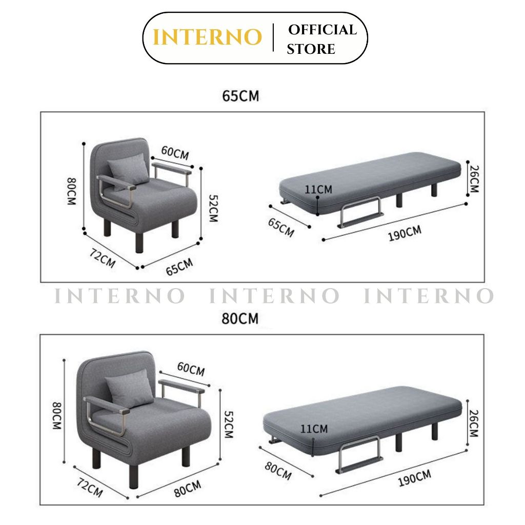 Sofa Giường INTERNO Giường Gấp Gọn Thành Ghế Sofa Gập Ngả 180 Độ Chất Liệu Khung Sắt Bọc Nệm Cứng 3 Màu Nâu, Xám, Xanh | BigBuy360 - bigbuy360.vn