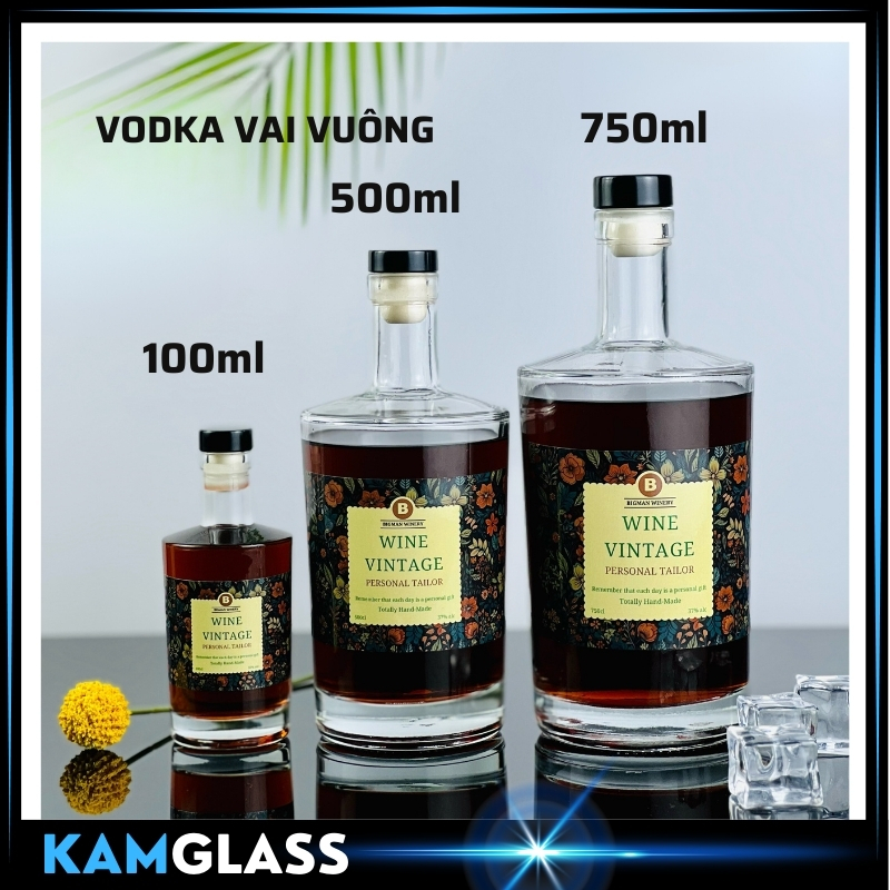 Chai thủy tinh vodka vai vuông dung tích 750ml 500ml 100ml (có tem) nắp cao su bọc nhôm đen màng co 