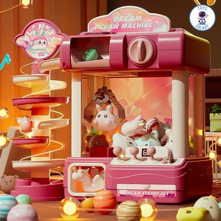 Máy gắp thú bông mini claw machine kích thước lớn có cầu trượt, nhạc và đèn kèm nhiều thú bông, xu