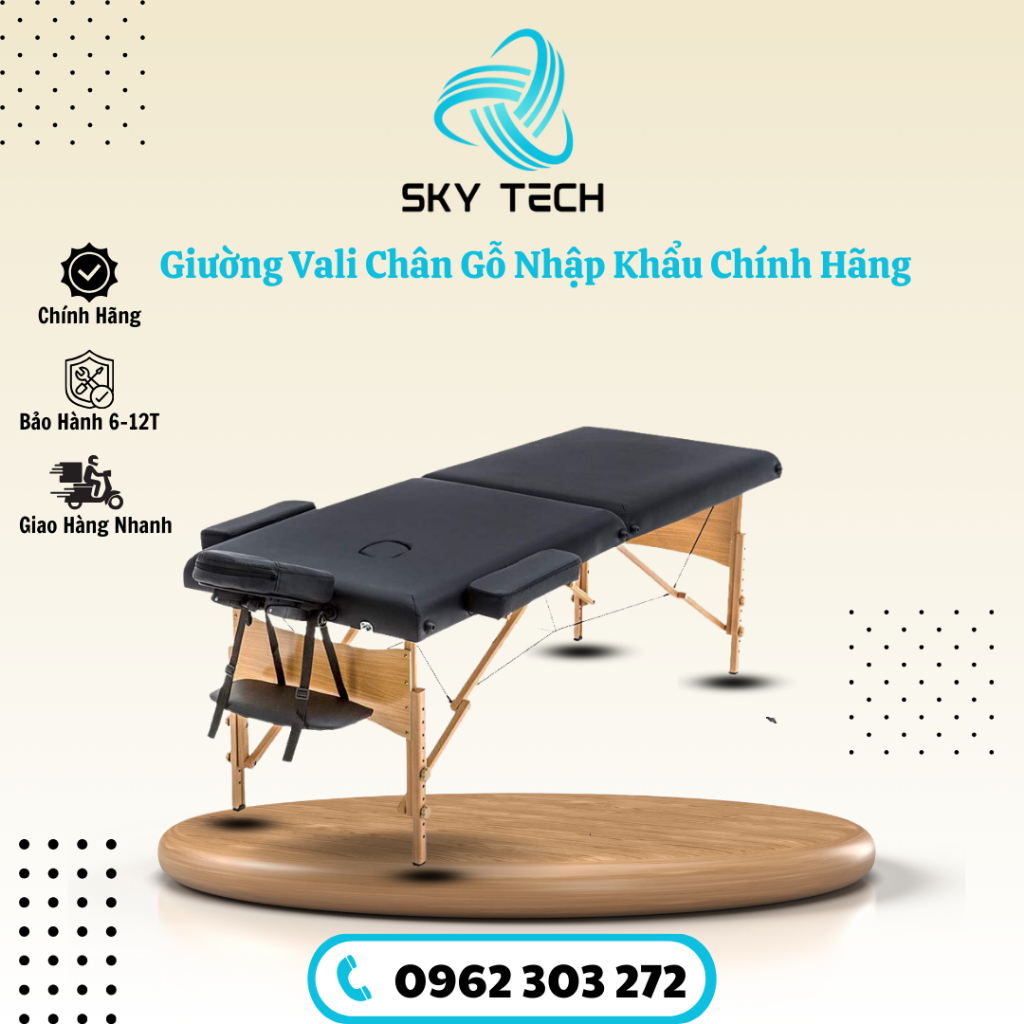 Giường Phun xăm vali xếp gọn chân gỗ , giường massage gấp gọn chân gỗ cứng cáp, da simili, nệm êm ái, hàng nhập khẩu