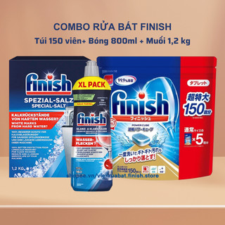 Combo muối rửa bát Finish 1,5kg+viên rửa bát Finish 150 viên+Nước làm bóng bát chén finish 800ml dùng cho máy rửa bát.