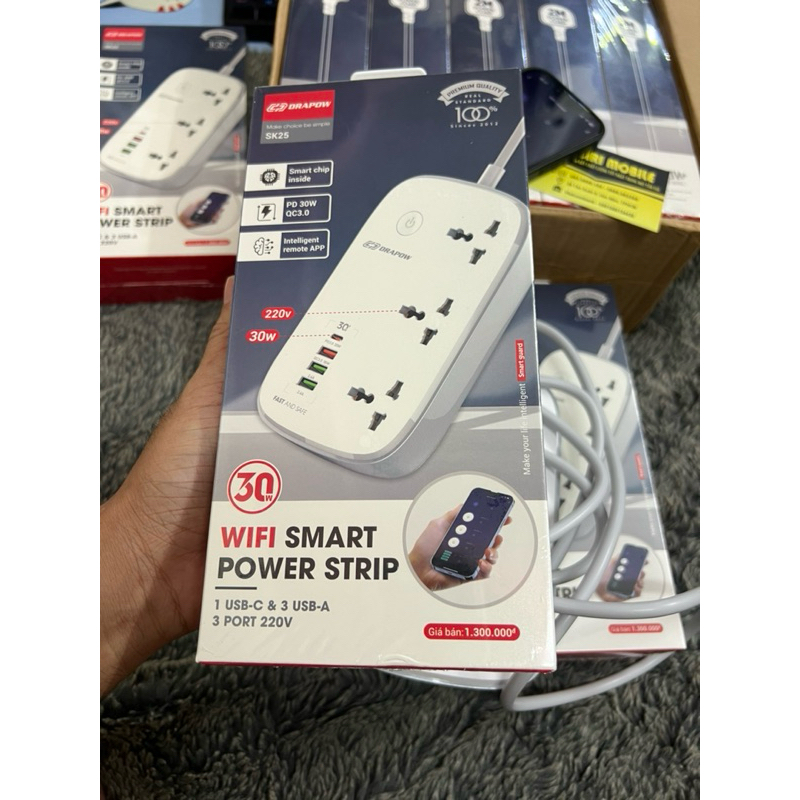 Ổ cắm điện chính hãng Drapow SK25 2500w Wifi thông minh kết nối App 3 ổ cắm điện + 1 cổng sạc nhanh 