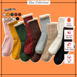 Tất vớ cổ cao unisex nữ chất cotton dày dặn họa tiết trơn phối gợn sóng phong cách Nhật Bản cute nhiều màu - Mã TVC89