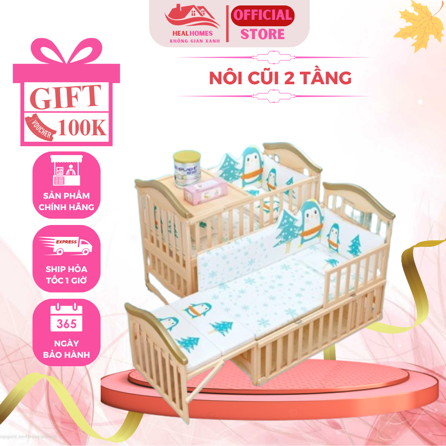 Nôi cũi 2 tầng cho bé sơ sinh đa năng HealHomes, Sử dụng từ 0 đến 12 tuổi, Bảo hành 3 năm chính hãng