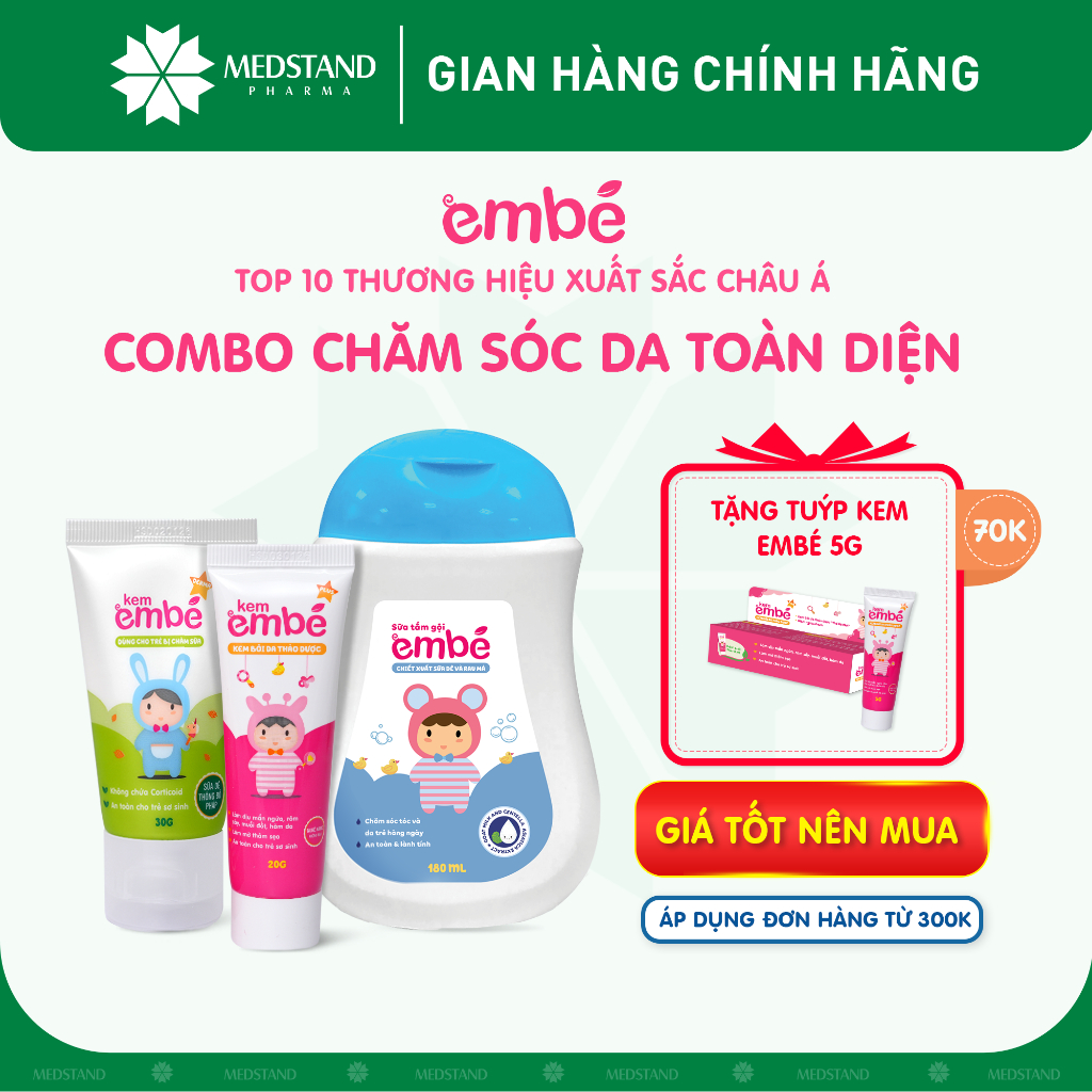 COMBO chăm sóc da toàn diện cho bé (Kem EmBé Plus, Kem EmBé Derma, Sữa tắm gội EmBé) trị rôm sảy, mẩn ngứa, chàm sữa