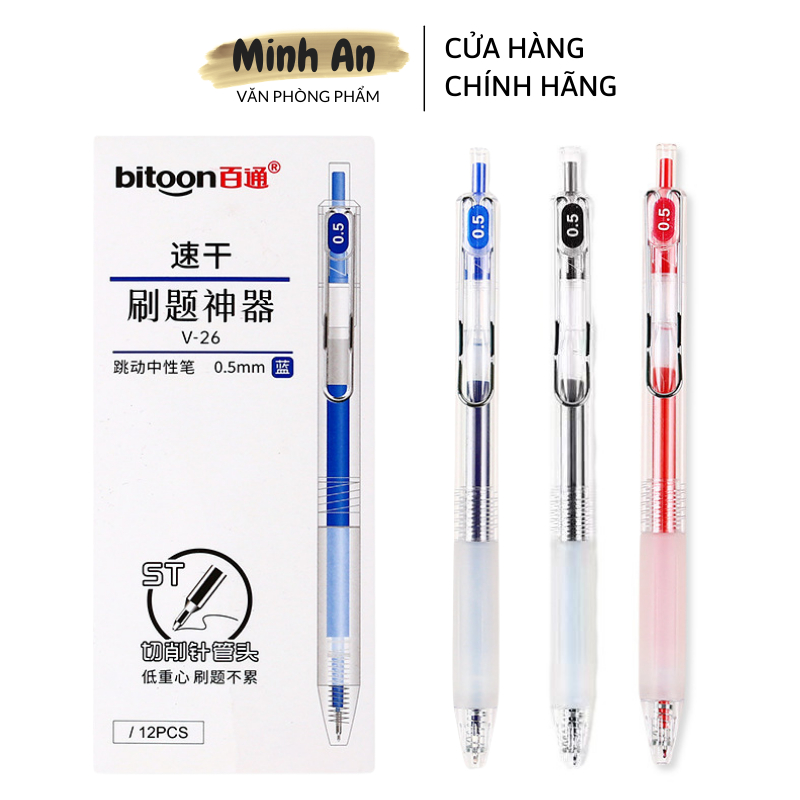Bút nước mực gel nhanh khô ngòi 0.5mm Bitoon v26 dành cho học sinh văn phòng màu xanh, đỏ, đen