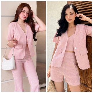 femei - Set 4 món áo blazer vest tay ngắn, áo dây, quần ngắn + quần dài ( đen - xanh navy - hồng )