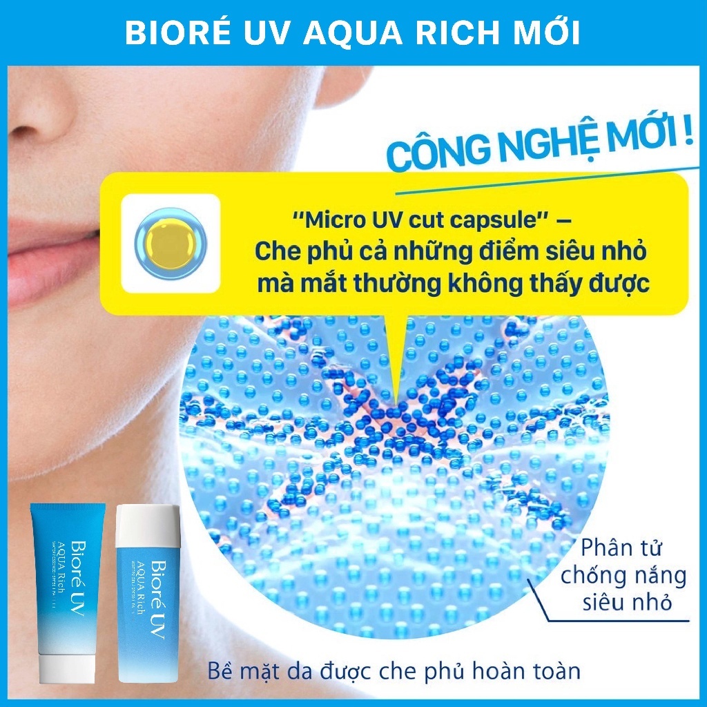 KEM CHỐNG NẮNG BIORE AQUA RICH WATERY ESSENCE/ GEL SPF 50+/ PA ++++ 50G/90ML nâng Tone ( Nội địa Nhật Bản)