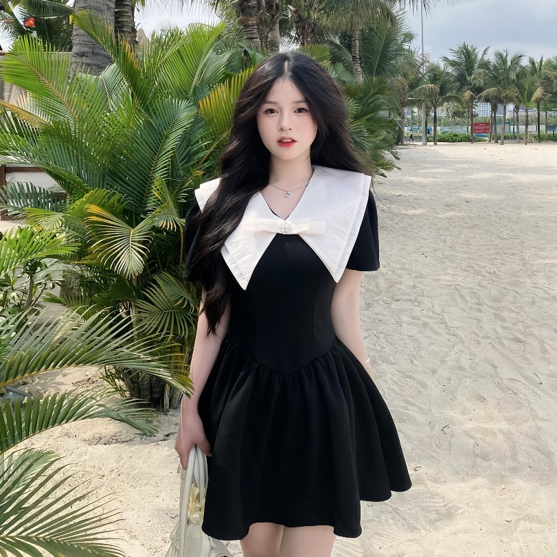 Váy Tuyết Mưa Cộc Tay Cổ Vát Đính Nơ Dáng Bồng, Đầm Dự Tiệc Tiểu Thư Sang Chảnh | BigBuy360 - bigbuy360.vn