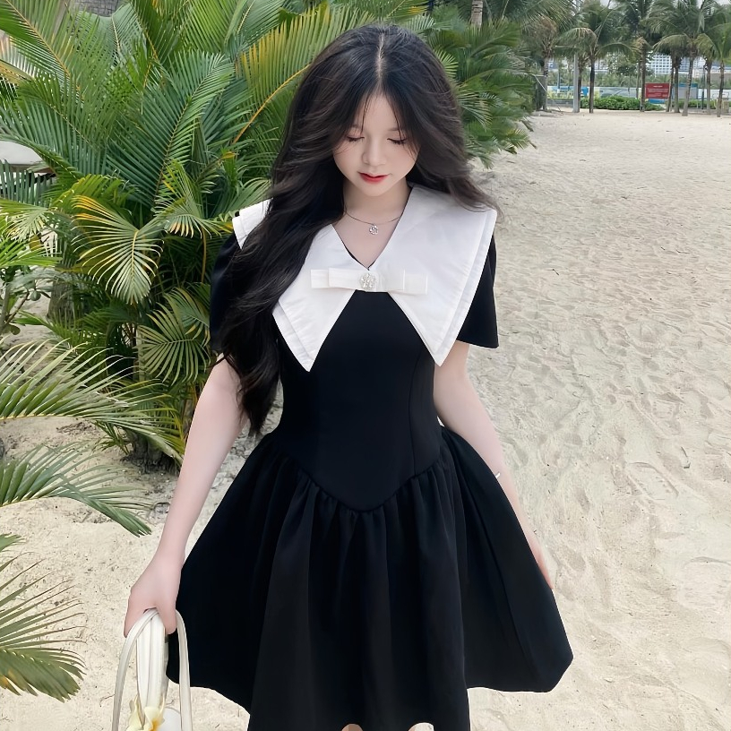 Váy Tuyết Mưa Cộc Tay Cổ Vát Đính Nơ Dáng Bồng, Đầm Dự Tiệc Tiểu Thư Sang Chảnh | BigBuy360 - bigbuy360.vn