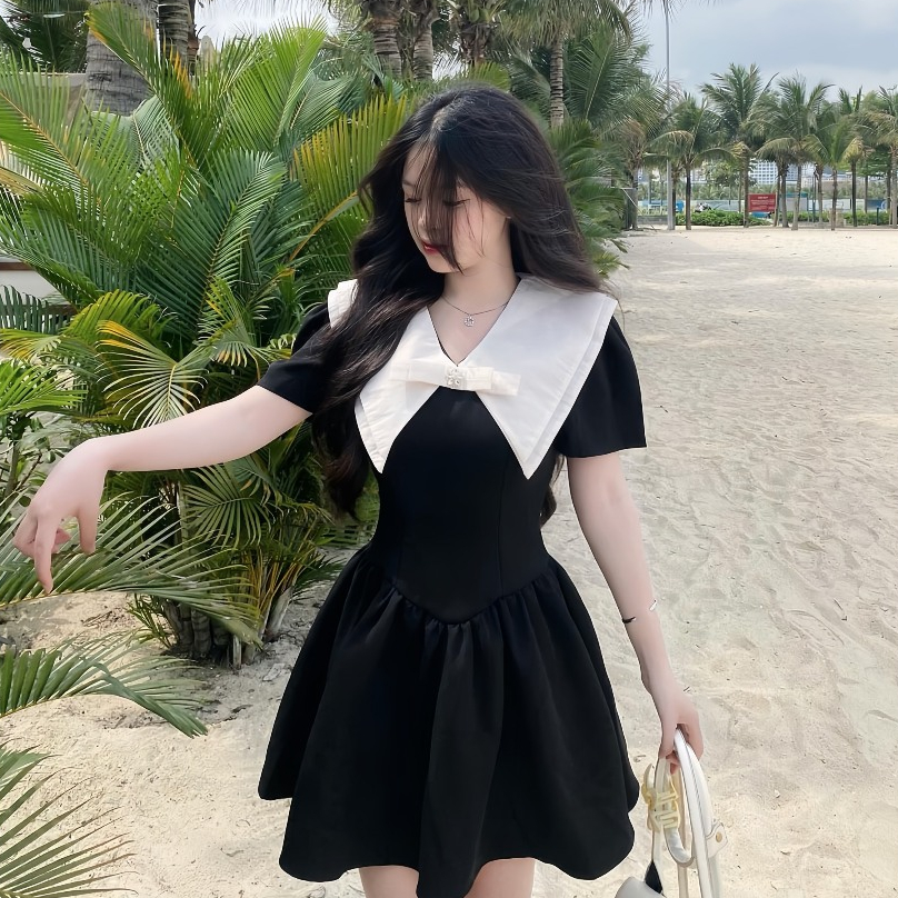 Váy Tuyết Mưa Cộc Tay Cổ Vát Đính Nơ Dáng Bồng, Đầm Dự Tiệc Tiểu Thư Sang Chảnh | BigBuy360 - bigbuy360.vn