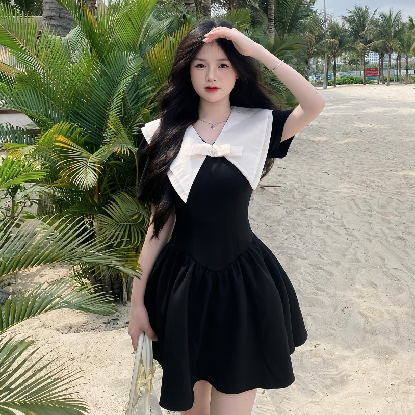 Váy Tuyết Mưa Cộc Tay Cổ Vát Đính Nơ Dáng Bồng, Đầm Dự Tiệc Tiểu Thư Sang Chảnh | BigBuy360 - bigbuy360.vn