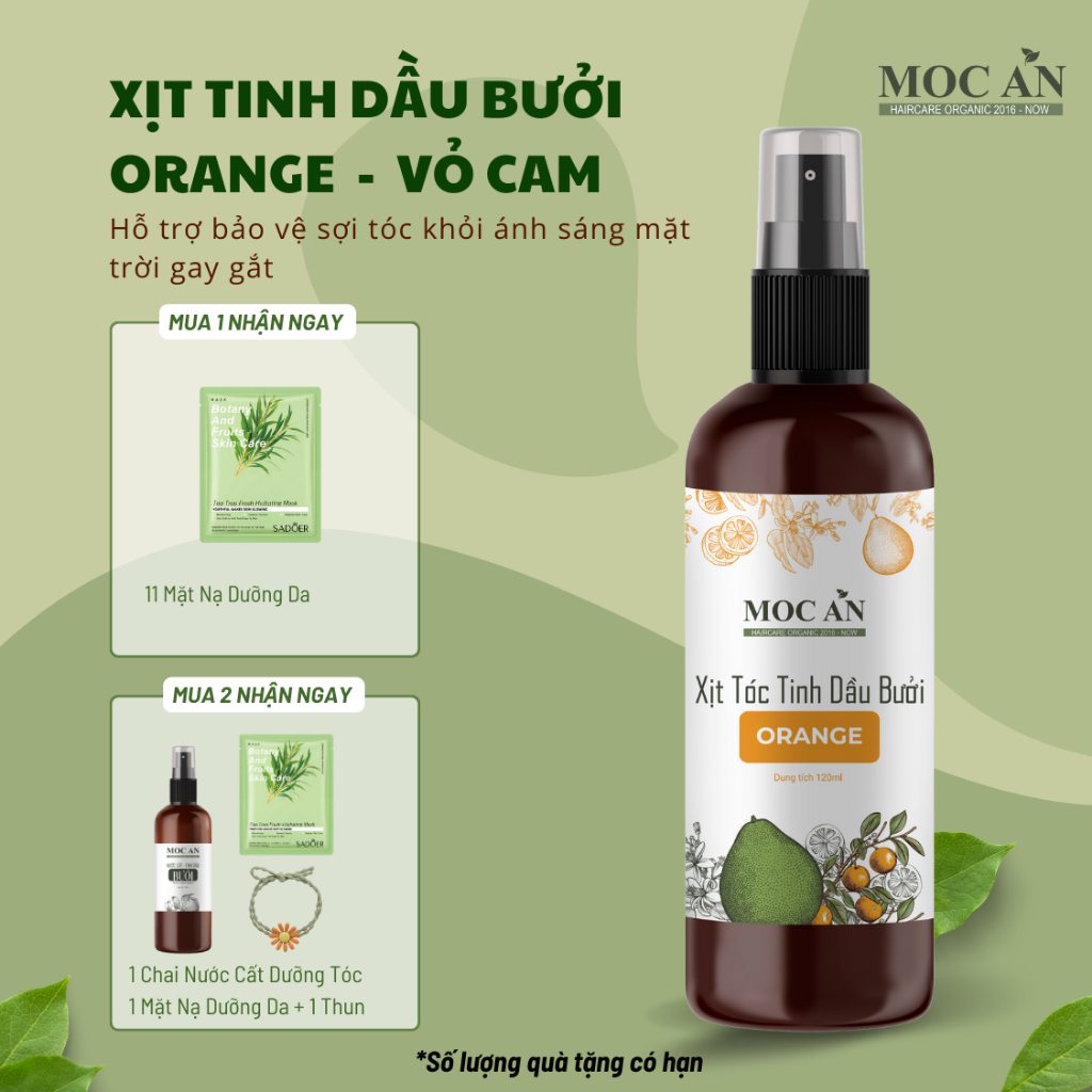 BOR120. Xịt Bưởi Mộc Ân Haircare Dưỡng Tóc Tinh Dầu Bưởi Orange ( Cam Ngọt ) 120ml