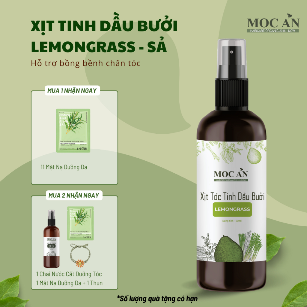 BLEG120. Xịt Bưởi Mộc Ân Haircare Dưỡng Tóc Tinh Dầu Bưởi Lemongrass ( Sả Chanh ) 120ml