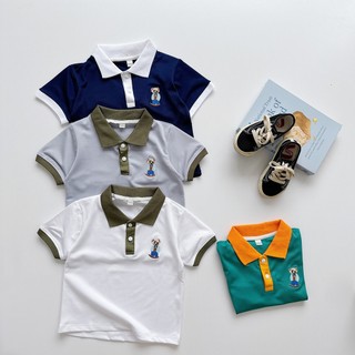 Áo polo thêu gấu ngực bé trai, áo polo phối tay cho bé trai chất cotton cá sấu từ 10-27kg - rosy kids