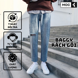Quần jean baggy xanh nam, nữ ống rộng rách gấu, dáng suông, không phai màu-A04