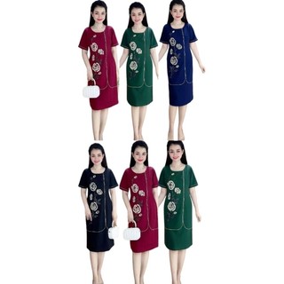 Đầm trung niên đi tiệc thun suông hoa ép cườm cao cấp, Đầm suông nữ đi tiệc hoa cườm phối viền tôn dáng size lớn 5X