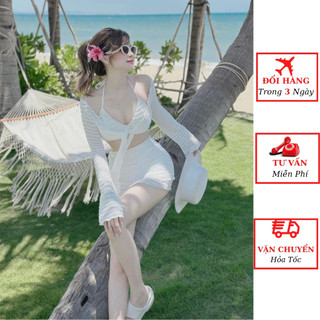 Set đồ nữ đi biển bikini 3 món ren ôm body dáng ngắn sexy