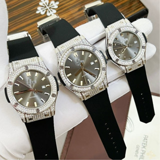 Đồng Hồ Nam HB, Mặt Xám Viền Gắn Đá Swarovsky, Máy Cơ Auto Nhật Bản, Size 34/38/42mm, Kính Saphia, Chống nước 5ATM