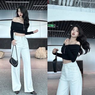 YURI JEANS - Quần Jean Nữ Ống Suông Màu Trắng Phối Viên Túi Nổi