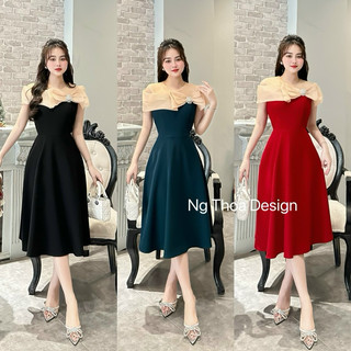 Đầm thiết kế dáng xoè A cổ pha voan hở vai