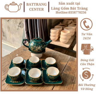 (MỚI RA LÒ)Bộ Ấm Chén pha trà Bát Tràng-men Hỏa Biến XANH hàng cao cấp Vẽ Vàng:Thuận Buồm Xuôi Gió