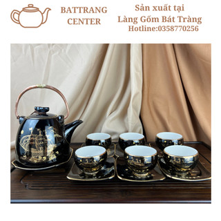 (MỚI RA LÒ)Bộ Ấm Chén pha trà Bát Tràng-men Hỏa Biến XANH hàng cao cấp Vẽ Vàng:Thuận Buồm Xuôi Gió