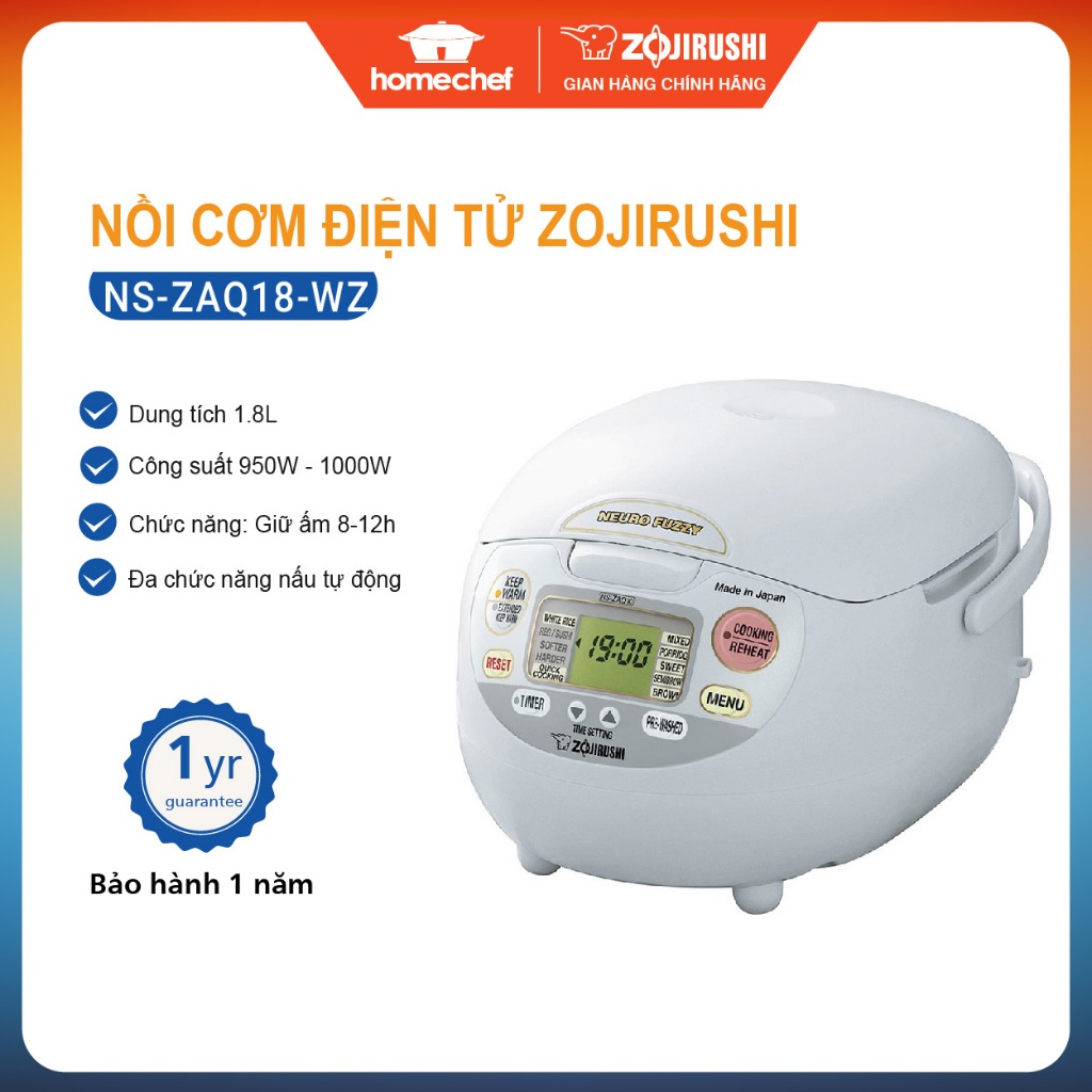 Nồi cơm điện tử Zojirushi 1.8L NS-ZAQ18-WZ, công suất 1000W, sản xuất tại Nhật Bản, bảo hành 1 năm | Hàng chính hãng