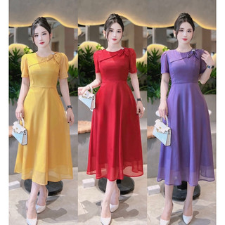 Đầm Voan tơ thiết kế cao cấp cổ kết nơ đá