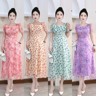 Đầm thiết kế voan hoa 2 lớp cổ vuông nơ