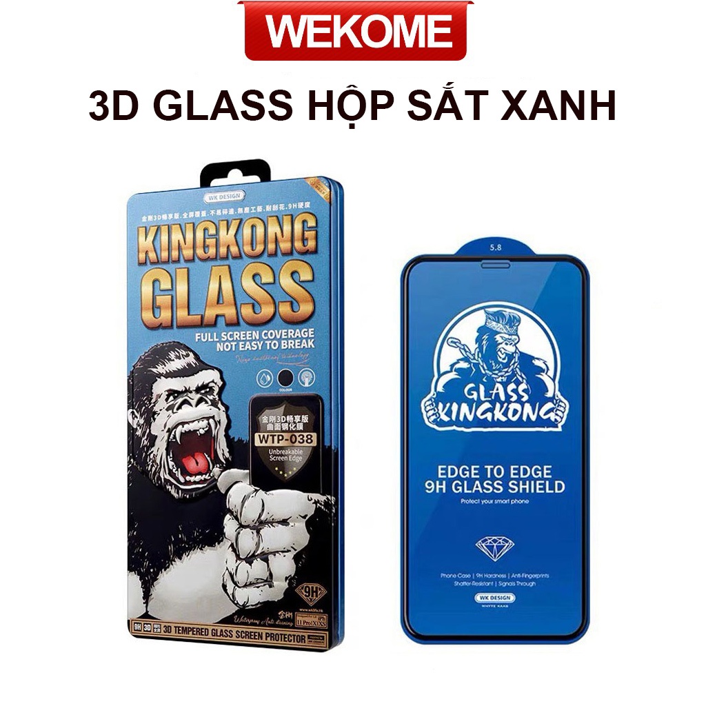 Kính Cường lực Iphone KINGKONG 3D Xanh Hộp Sắt Chống Vân Tay Chính hãng WK Wekome cho X Xs Max 11 12 13 14 Pro Max