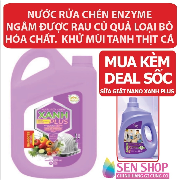 Nước rửa chén Enzyme Xanh Plus nước rửa chén hữu cơ lên men tự nhiên có thể ngâm rửa rau củ quả giúp sạch hóa chất -1.8L