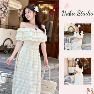 Se19 set váy maxi ren trễ vai đi biển dáng dài habii
