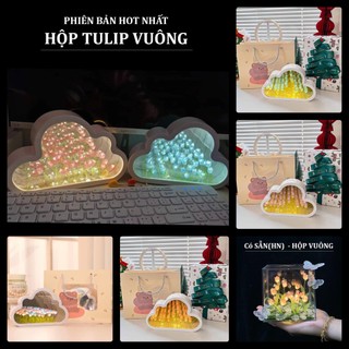 (TÚI QUÀ + Charm BƯỚM🔥) Đèn ngủ hoa Tulip Đám Mây gương biển hoa hộp đèn tulip vuông decor phòng, Đèn Ngủ handmade