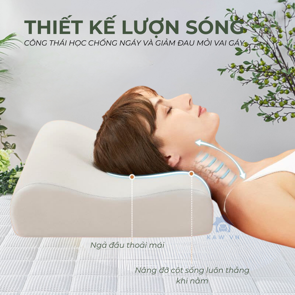 Gối cao su non KAW, cao su non tự nhiên mềm mại, kiểu dáng lượn sóng, điều trị đau mỏi vai gáy, chống ngáy, vỏ gối 2 lớp