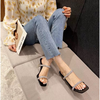 Guốc nữ quai ngang đá, giày cao gót mũi vuông 7cm gót trong mã H104